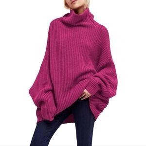 Free People Swim Too Deep Sweater Hot Pink Oversized Chunky Turtleneck Small